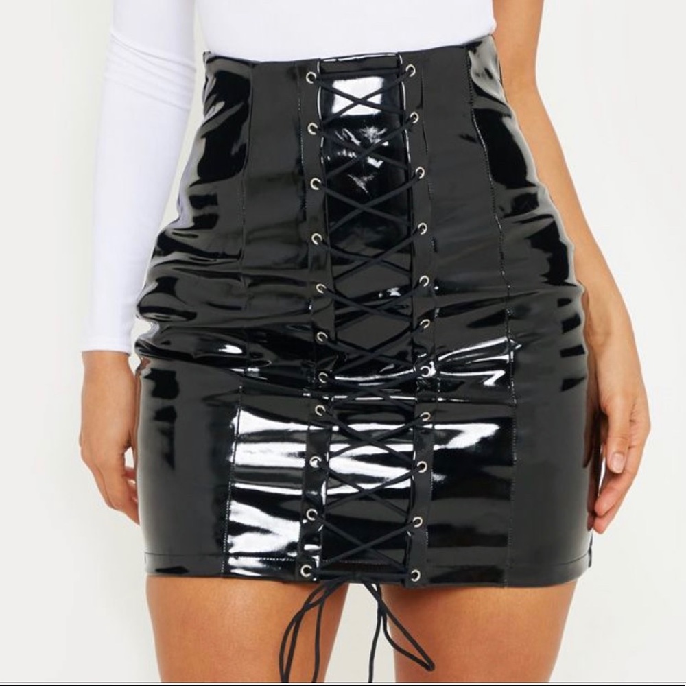 Black vinyl mini skirt